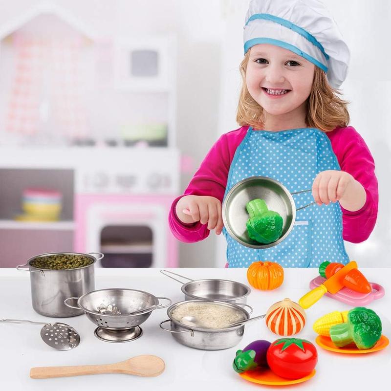 D-FantiX Play Kitchen Accessories, Kids Play Pots and Pans Playset  Pretend Play Cooking Toys, Cookware Utensils, Apron and Chef Hat, safe culinary tools for Kids 3-12,foster Skills&Fun