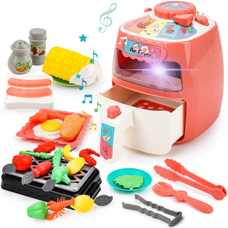 deAO Toy Air Fryer,19PCS Kitchen Playset Toy with Sounds and Lights Role Playing Game,Color Changing Play Foods Pretend Food and Cooking Playset