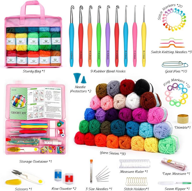 Crochet Yarn Kit for Beginners, Includes 1650 Yards 30 Colors Acrylic Skeins, User Manual, Hooks, Pink Black Purple Teal Wine Bag etc, Make Amigurumi & Crocheting Projects, Starter Set for Professionals