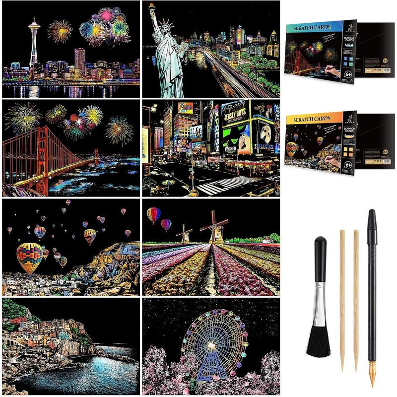 Scratch Art for Teens & Adults, Rainbow Engraving Painting Landscape Scratchboard(A4) Crafts Set: 8 Sheets with 4 Tools -  York, Statue of Liberty, Golden Gate Bridge, Manarola ( )