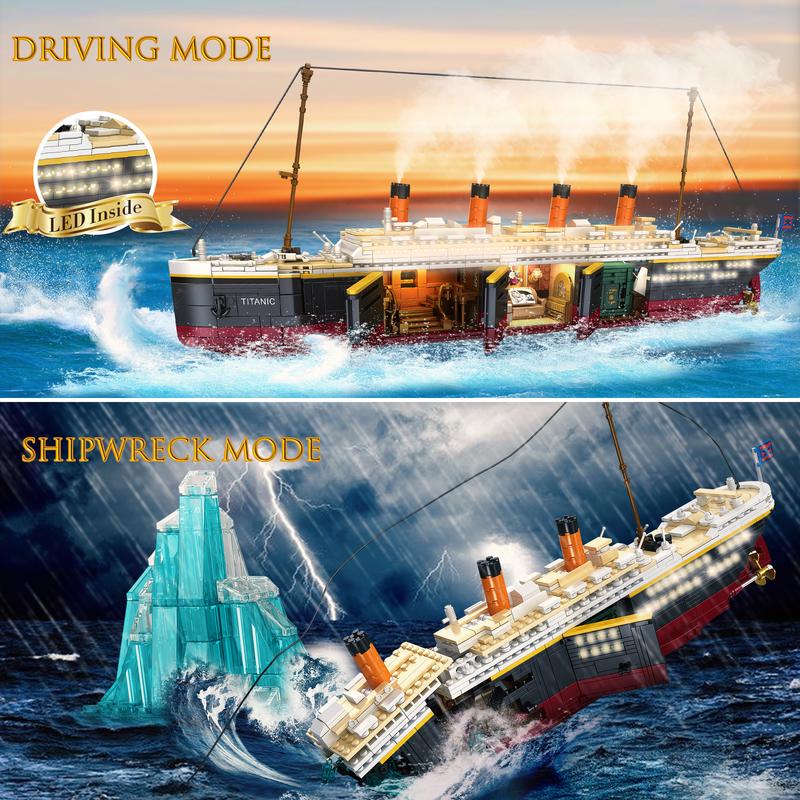 66010,2-in-1 model of driving and shipwreck Titanic Building Block Set,Big Ship Model Set with Light Strip, Glacier,Ideal Ship Collecting Building and Gifting Model,Birthday and Home Decoration,For aged 12 and above,Stress relief toy,2288 Pieces