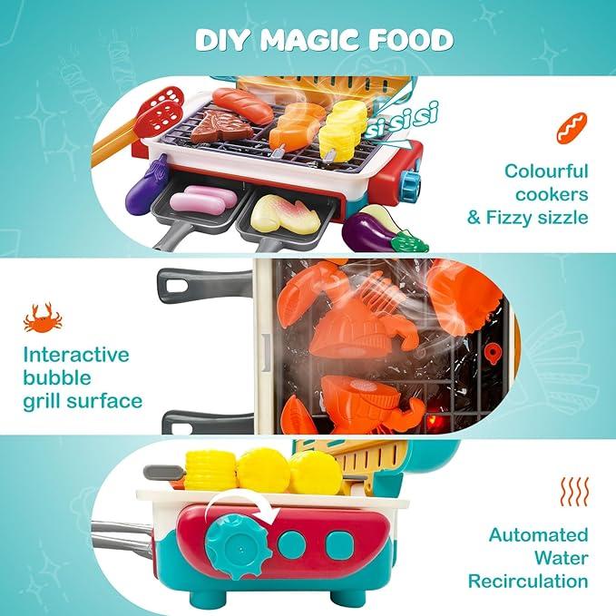 BBQ Grill Toy Set Color Changing Pretented Play,Little Chef Play, Interactive BBQ Toy Set for Kids aged 3 4 5 6 7 8+