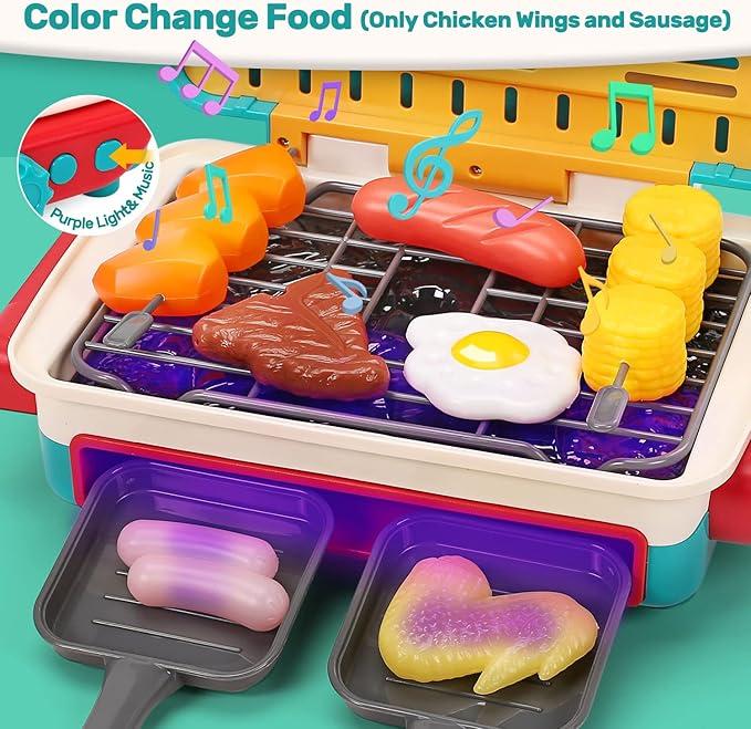 BBQ Grill Toy Set Color Changing Pretented Play,Little Chef Play, Interactive BBQ Toy Set for Kids aged 3 4 5 6 7 8+