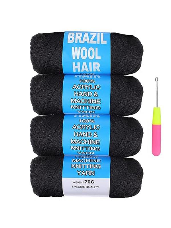 4pcs Natural Black Brazilian Wool Hair, Acrylic Yarn For African Crochet Hair, Jumbo Braids, Senegalese Twisting Knitting Hair Braids, Faux Locs, Spiral Corkscrews Braids, Twist Wraps