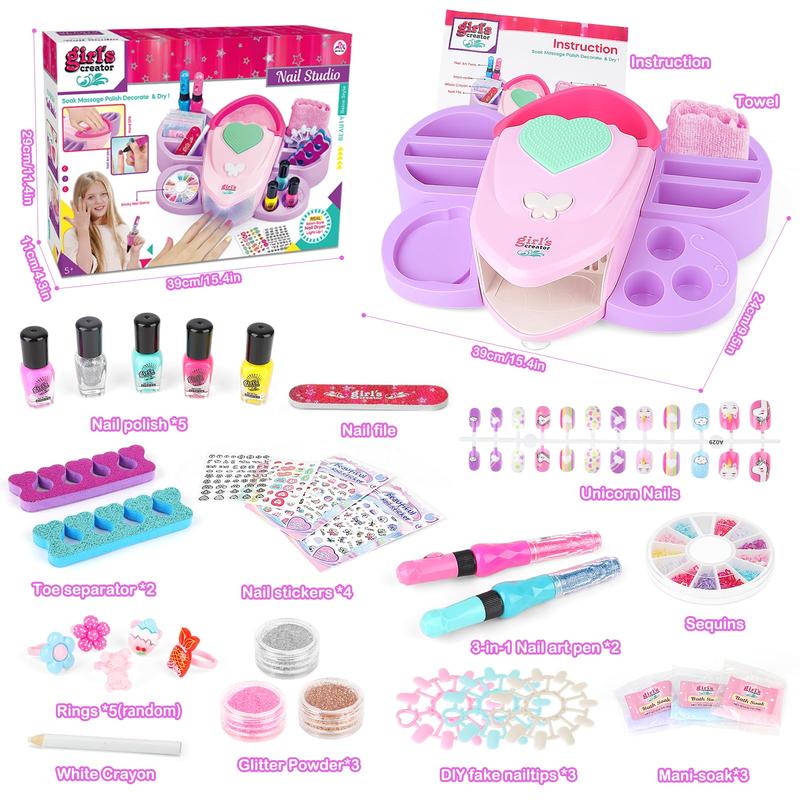 deAO Nail Polish Set Toys, 32 Pcs Washable Pretend Play Makeup Kit with Nail Polish Drye Fake Glitter and Nails Art Accessories, Safe Cosmetic Toys Gifts