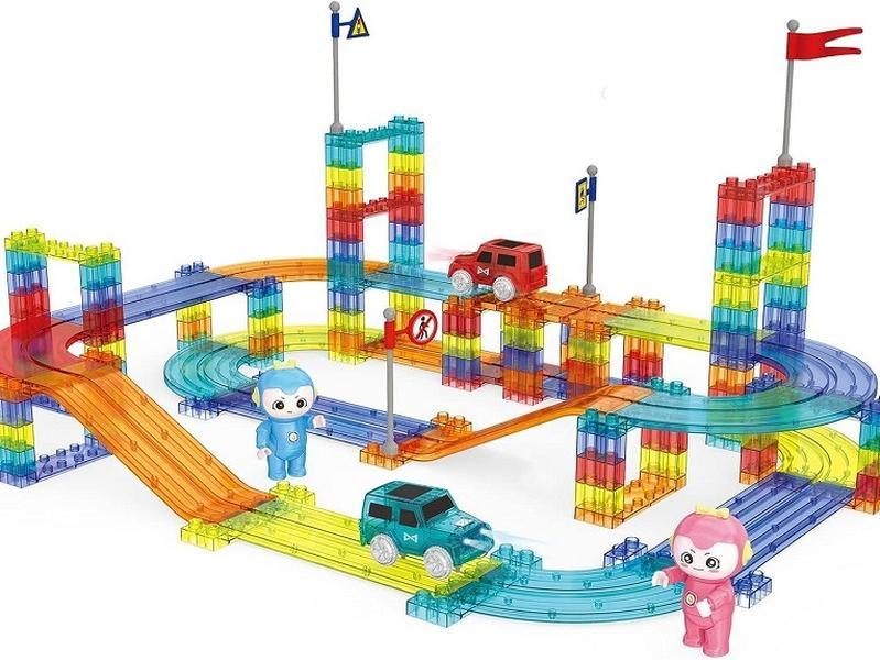 154PCS Magnetic Tile Race Track Set with LED Cars, Road Signs & Blocks – STEM Toy for Kids Aged 3-10, Perfect Gift for Boys & Girls (Batteries Not Included)