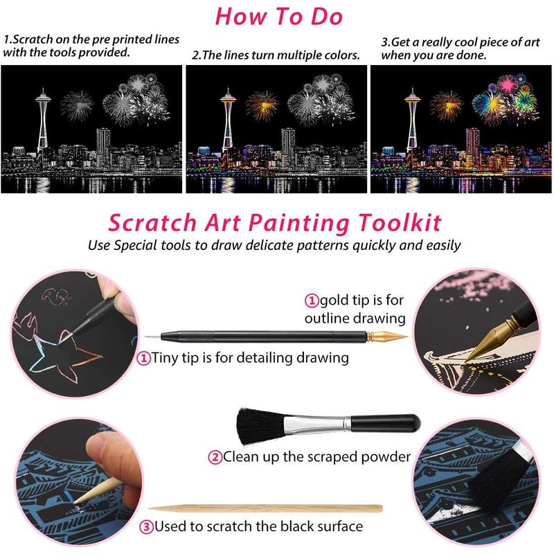 Scratch Art for Teens & Adults, Rainbow Engraving Painting Landscape Scratchboard(A4) Crafts Set: 8 Sheets with 4 Tools -  York, Statue of Liberty, Golden Gate Bridge, Manarola ( )