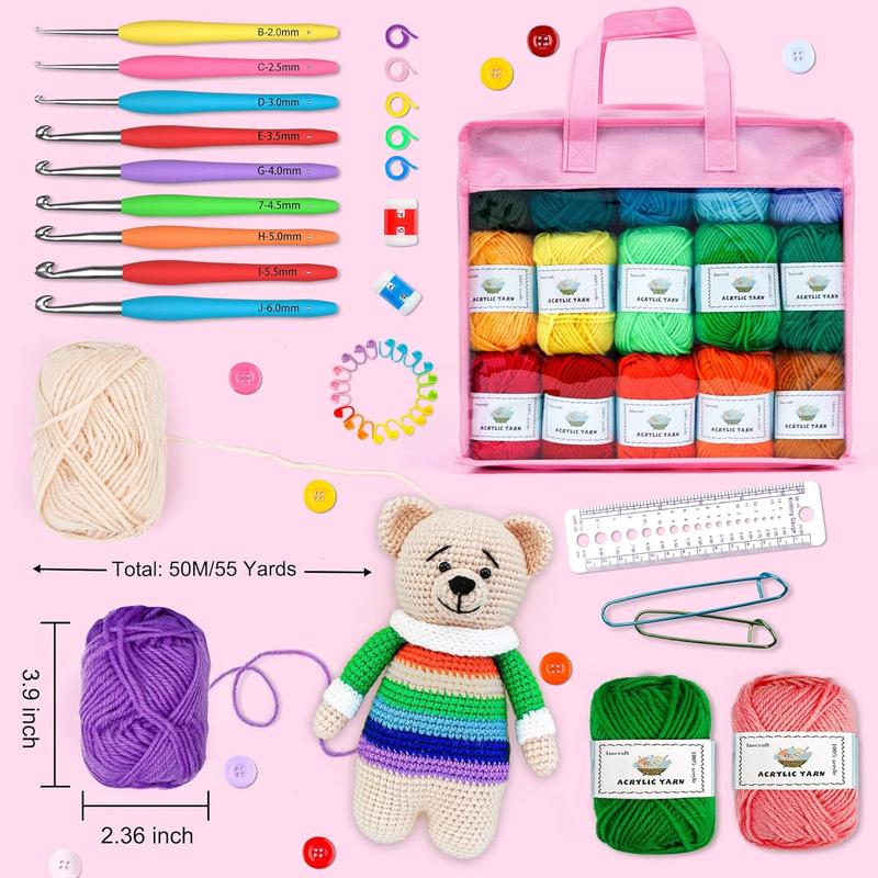 Crochet Yarn Kit for Beginners, Includes 1650 Yards 30 Colors Acrylic Skeins, User Manual, Hooks, Pink Black Purple Teal Wine Bag etc, Make Amigurumi & Crocheting Projects, Starter Set for Professionals