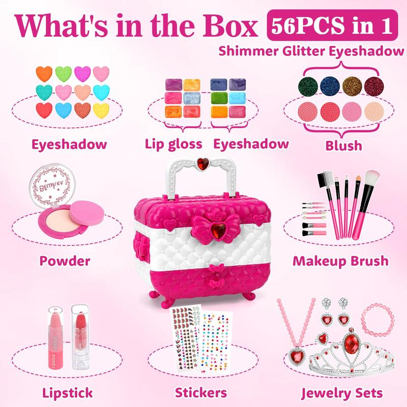 Princess Makeup Toy, 56pcs set Washable Makeup Toy with Jewelry, Pretend Play Makeup Toy, Birthday Gift for Girls, Cute Makeup Vanity Accessories, Halloween & Christmas Gift