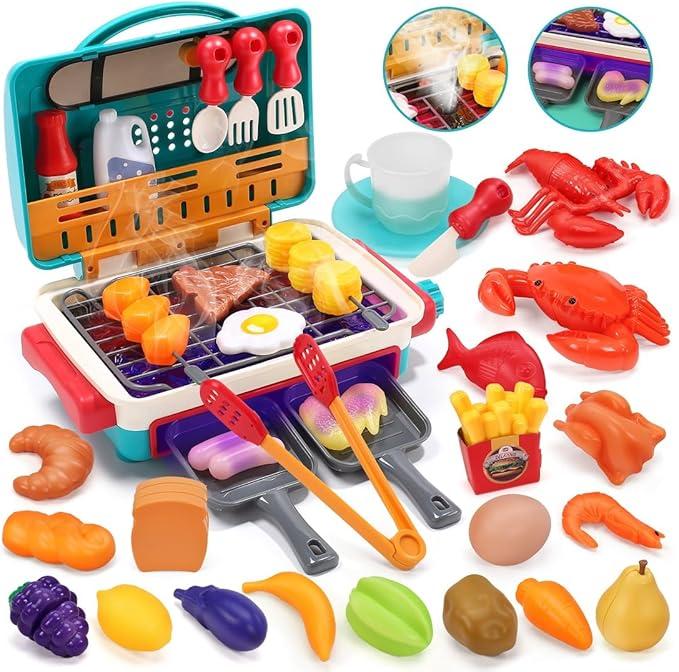 BBQ Grill Toy Set Color Changing Pretented Play,Little Chef Play, Interactive BBQ Toy Set for Kids aged 3 4 5 6 7 8+