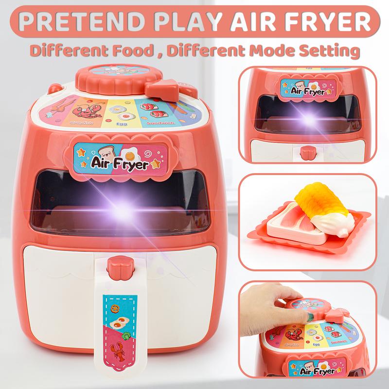 deAO Toy Air Fryer,19PCS Kitchen Playset Toy with Sounds and Lights Role Playing Game,Color Changing Play Foods Pretend Food and Cooking Playset