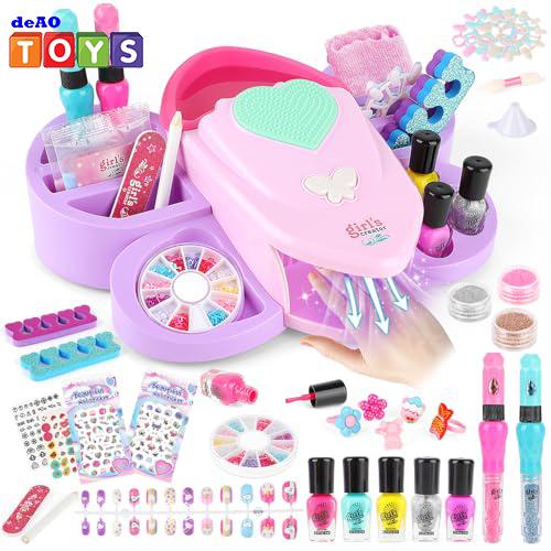 deAO Nail Polish Set Toys, 32 Pcs Washable Pretend Play Makeup Kit with Nail Polish Drye Fake Glitter and Nails Art Accessories, Safe Cosmetic Toys Gifts