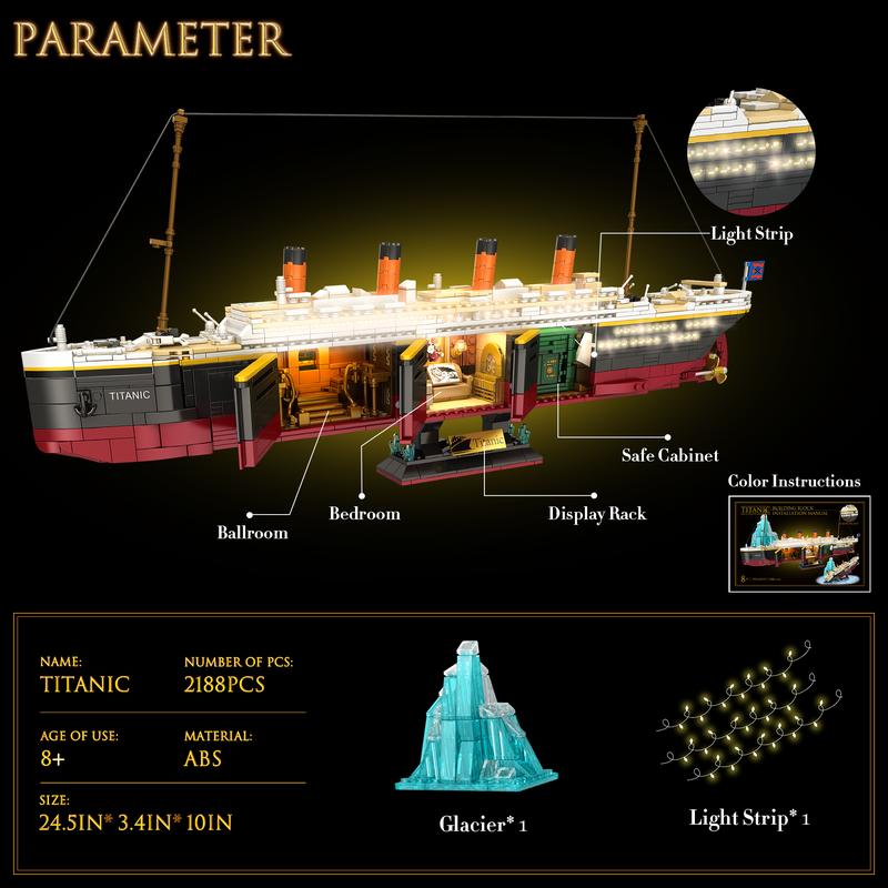 66010,2-in-1 model of driving and shipwreck Titanic Building Block Set,Big Ship Model Set with Light Strip, Glacier,Ideal Ship Collecting Building and Gifting Model,Birthday and Home Decoration,For aged 12 and above,Stress relief toy,2288 Pieces