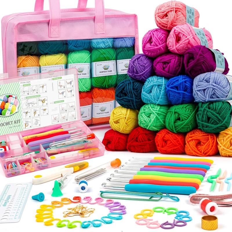 Crochet Yarn Kit for Beginners, Includes 1650 Yards 30 Colors Acrylic Skeins, User Manual, Hooks, Pink Black Purple Teal Wine Bag etc, Make Amigurumi & Crocheting Projects, Starter Set for Professionals