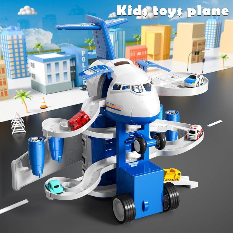 Blue Transport Cargo Airplane Toys, Airplane Car Toy Play Set includes Track, 12mini Play Vehicles, with Music and Light, Christmas gifts, birthday gifts