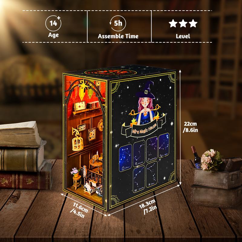 deAO DIY Book Nook Kit, 3D Wooden Puzzles Magic House with Gear Drive and LED Lights, Miniature Dollhouse Bookshelf Insert Model Kits