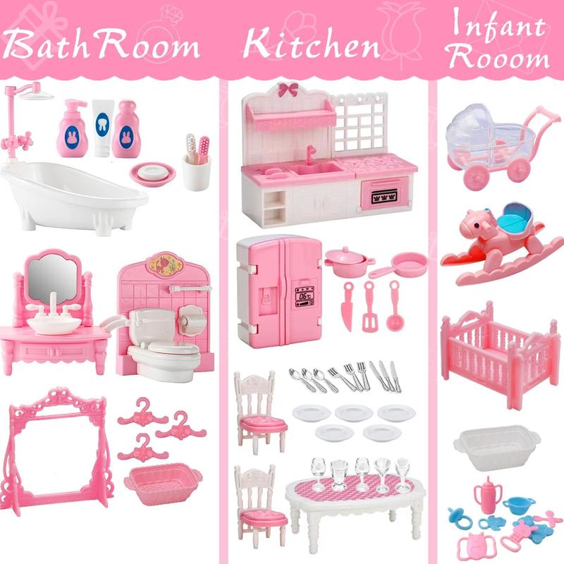 75 Pcs Dollhouse Furniture Set Accessories,Small Dollhouse Miniature Pretend Play Family Toys Gift,Toddler Boy Girl Kid 3Y+ Mini Bedroom Livingroom Bathroom Kitchen Infant Room Kit