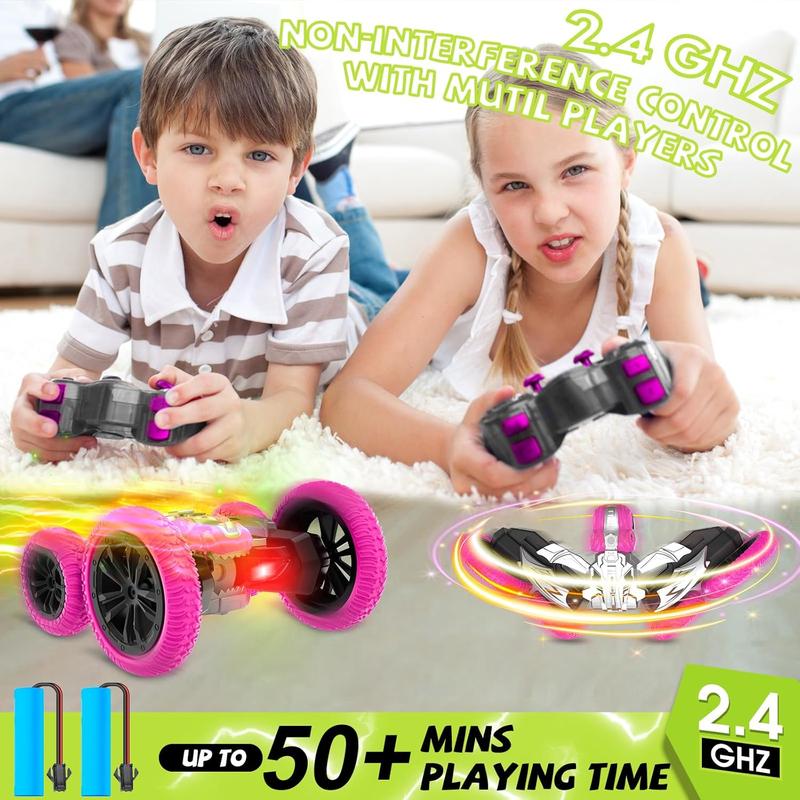 Remote Control Car, 360 Rotating RC Stunt Car with Lights and Spray, 2.4Ghz 4WD Double-Sided Driving RC Car Toys for Kids, Outdoor Dinosaur Truck Gift for Boys and Girls Age 4-7,8-12 (Pink)