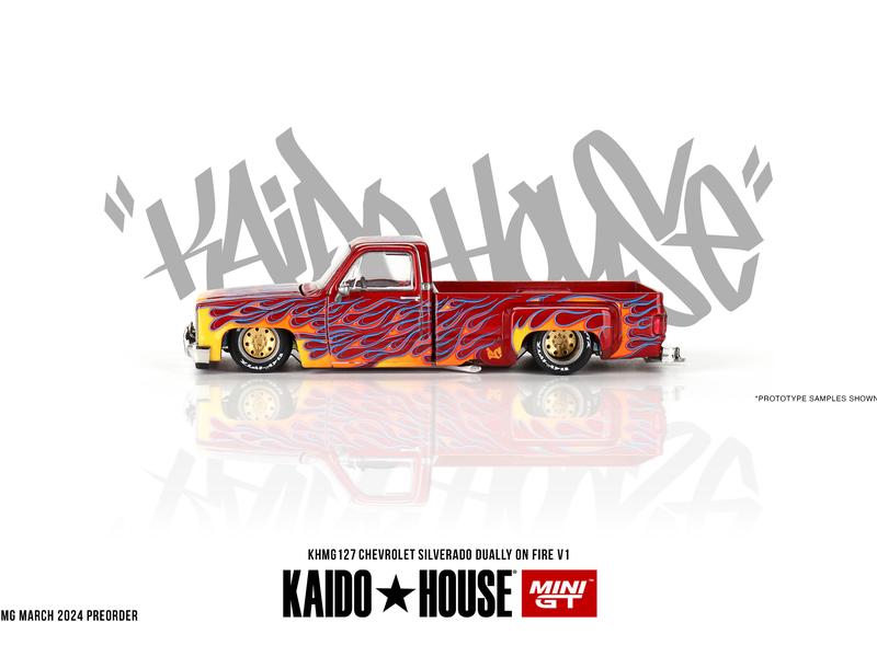 Mini GT x Kaido House 1:64 Chevrolet Silverado Dually on Fire V1 KHMG127