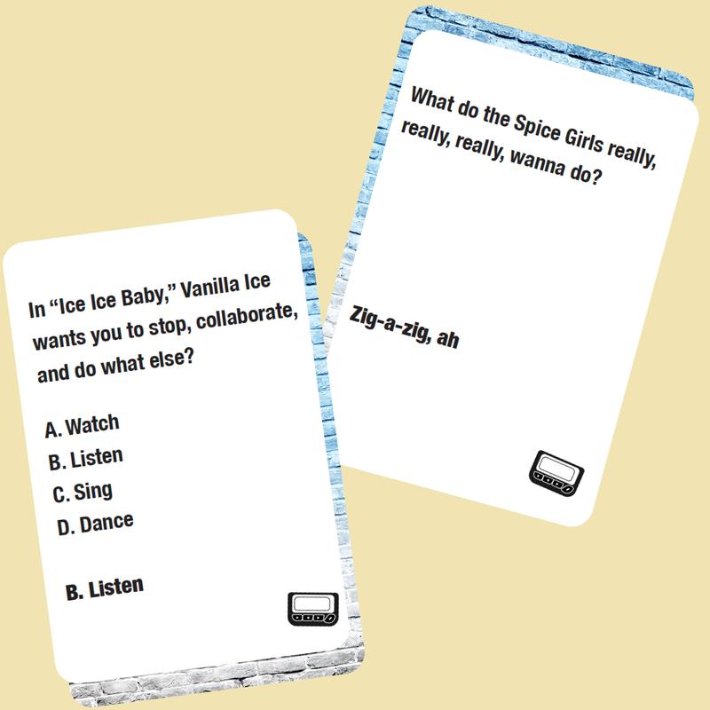 Pop Quiz: Music Trivia 90's and 2000's Pop Edition. Lyrically Correct leads to loads of fun, singing, dancing, and lots of nostalgia. This Game is a Party in a box, card game and family game.