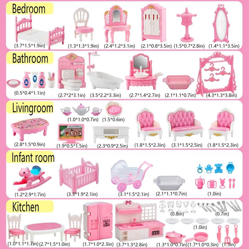 75 Pcs Dollhouse Furniture Set Accessories,Small Dollhouse Miniature Pretend Play Family Toys Gift,Toddler Boy Girl Kid 3Y+ Mini Bedroom Livingroom Bathroom Kitchen Infant Room Kit