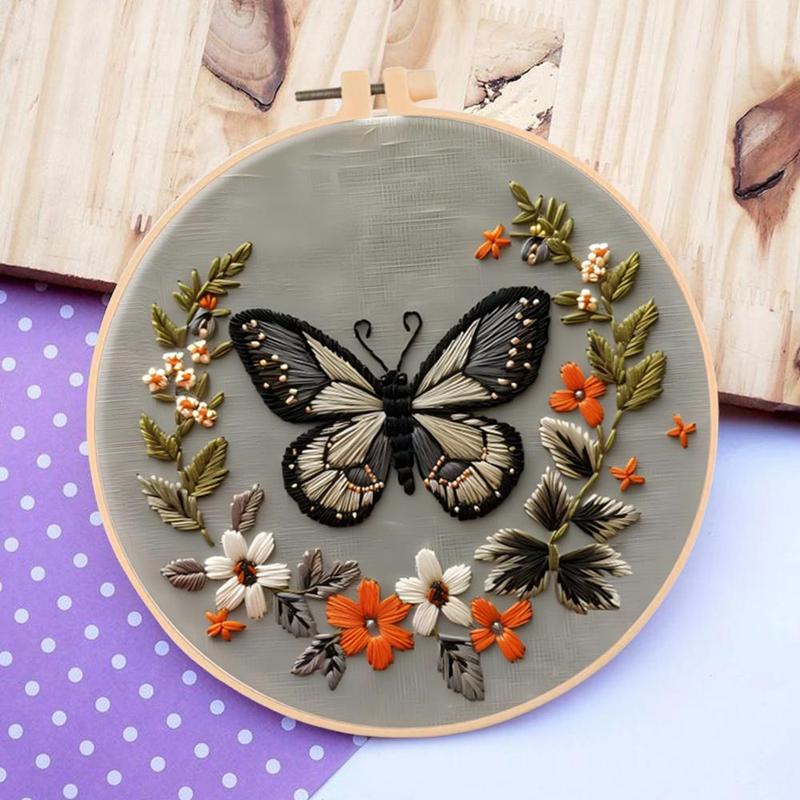 Butterfly Pattern DIY Embroidery Kit, 1 Set Embroidery with Hoop Suture Practice Kit for Adults, Handmade Unfinished Products Gifts