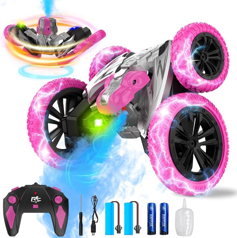 Remote Control Car, 360 Rotating RC Stunt Car with Lights and Spray, 2.4Ghz 4WD Double-Sided Driving RC Car Toys for Kids, Outdoor Dinosaur Truck Gift for Boys and Girls Age 4-7,8-12 (Pink)