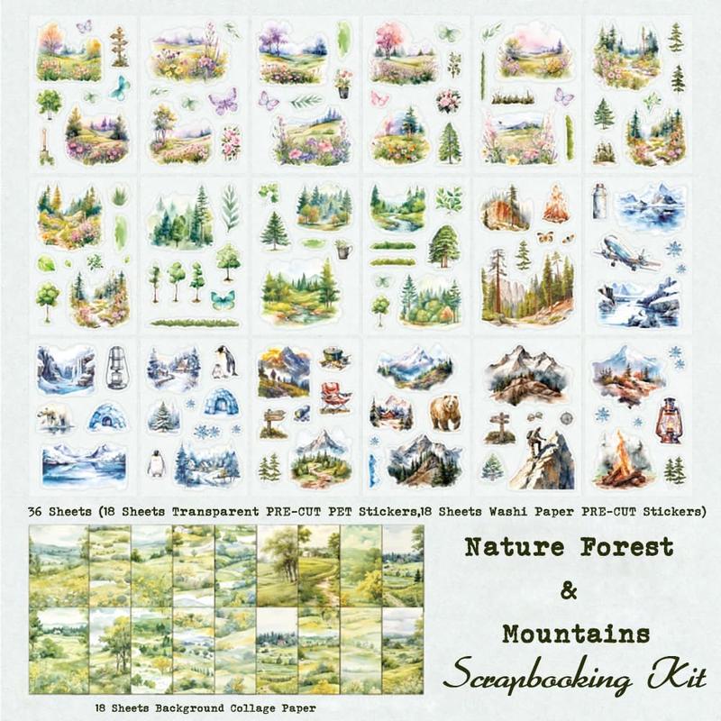 54 Sheets  Forest Mountain Lake Outdoor Landscape Scrapbooking Kit, Precut PET Washi Stickers with Scrapbook Paper for Junk Journaling, Scrapbook Supplies, Bujo, Planner