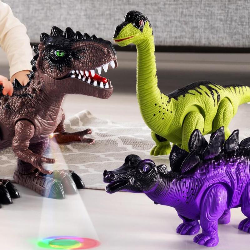 3-Pack Electric Walking Dinosaur Toys with Roaring Sounds and Lights, Realistic Robot T-Rex, Brachiosaurus, Stegosaurus Dinosaur Figures