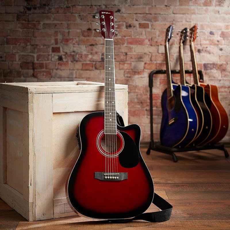 Full Size Thinline Acoustic Electric Guitar with Free Gig Bag Case & Picks Right Handed- Natural, Blue, Red, Black - SUNSET INSTRUMENTS