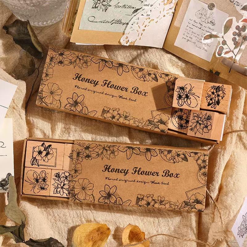 Flower Pattern Wooden Stamp (8 Counts box), Vintage Flower Design Stamp, DIY Scrapbooking Decoration Supplies for Gift Wrapping