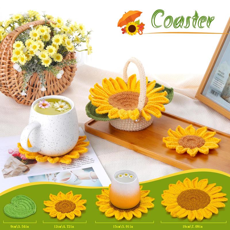 Sunflower Crochet Kit, 5 Counts Cup Coaster Crochet Kit, DIY Handmade Knitting Kit, DIY Knitting Supplies for Adults, Beginners, Craft Supplies