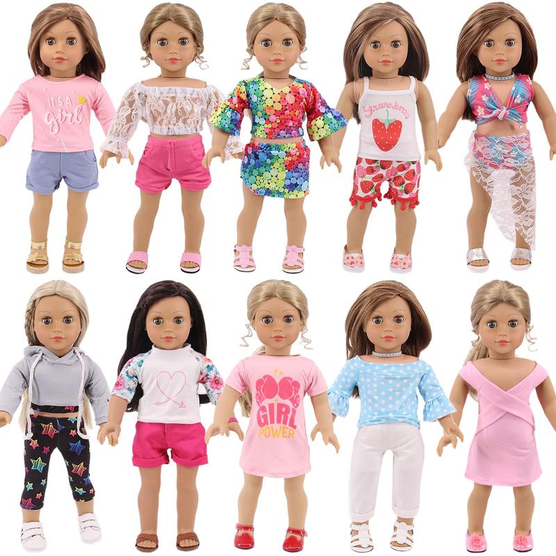 10 Sets of Girl Doll Costumes & Accessories 18 Inch Girl Doll Costumes Including Dresses, Shorts, Swimwear (No Doll)