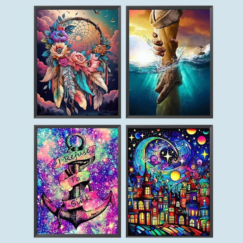 5d Diamond Art Painting Kit (4 Counts set), Dreamcatcher & Hand & Anchor & Moon Pattern Diy Diamond Art Painting, DIY Decor Painting for Bedroom Living Room Office