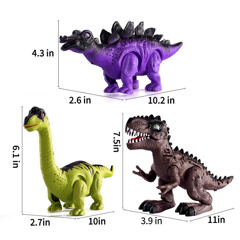 3-Pack Electric Walking Dinosaur Toys with Roaring Sounds and Lights, Realistic Robot T-Rex, Brachiosaurus, Stegosaurus Dinosaur Figures