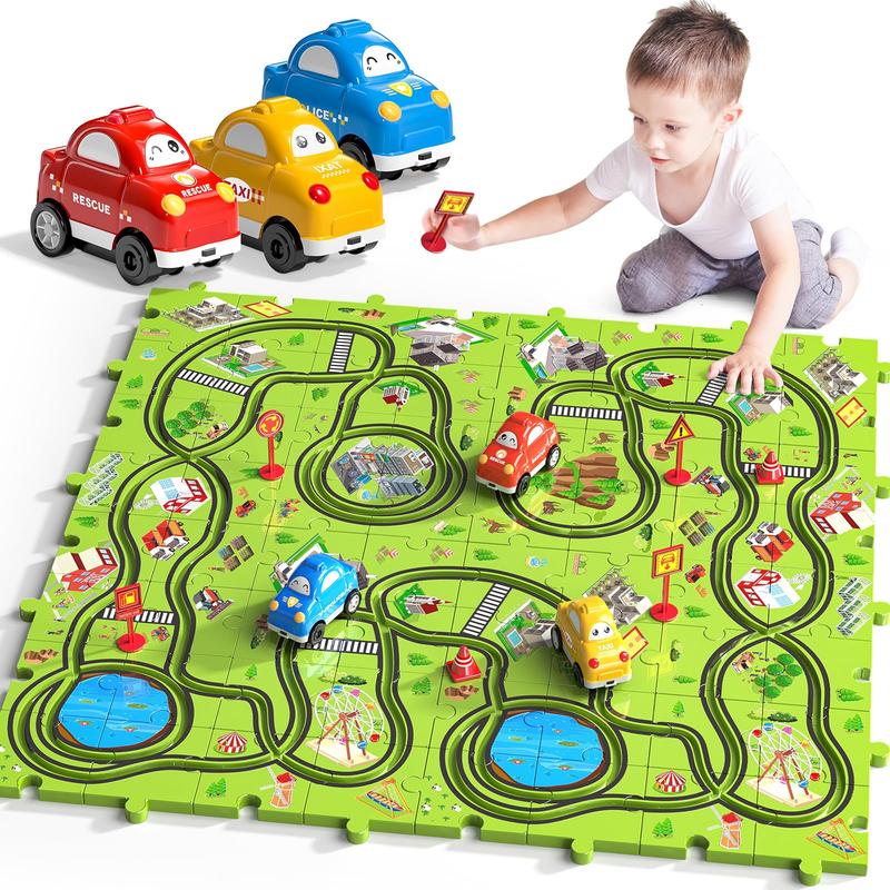 64 pieces brand new plastic puzzle, car track toy set with 3 cute vehicles, puzzle track toy set gift, educational toy for thinking, birthday, holiday toy