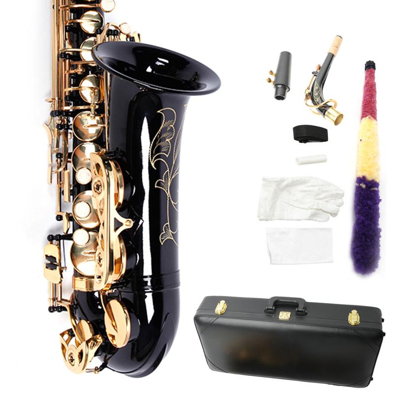 Be Brass Carving Pattern Pearl White Shell Button Saxophone with Strap Black