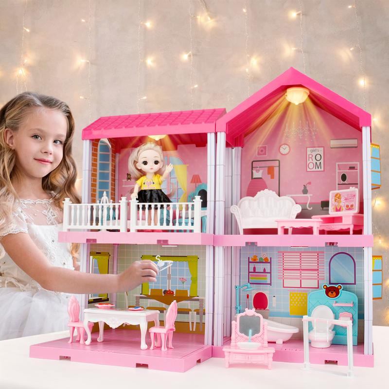 Dollhouse Building Toys, Princess Doll House, Playset with Lights, Furniture, Accessories,Cottage Pretend Doll House Set, Present for Girls Toddlers