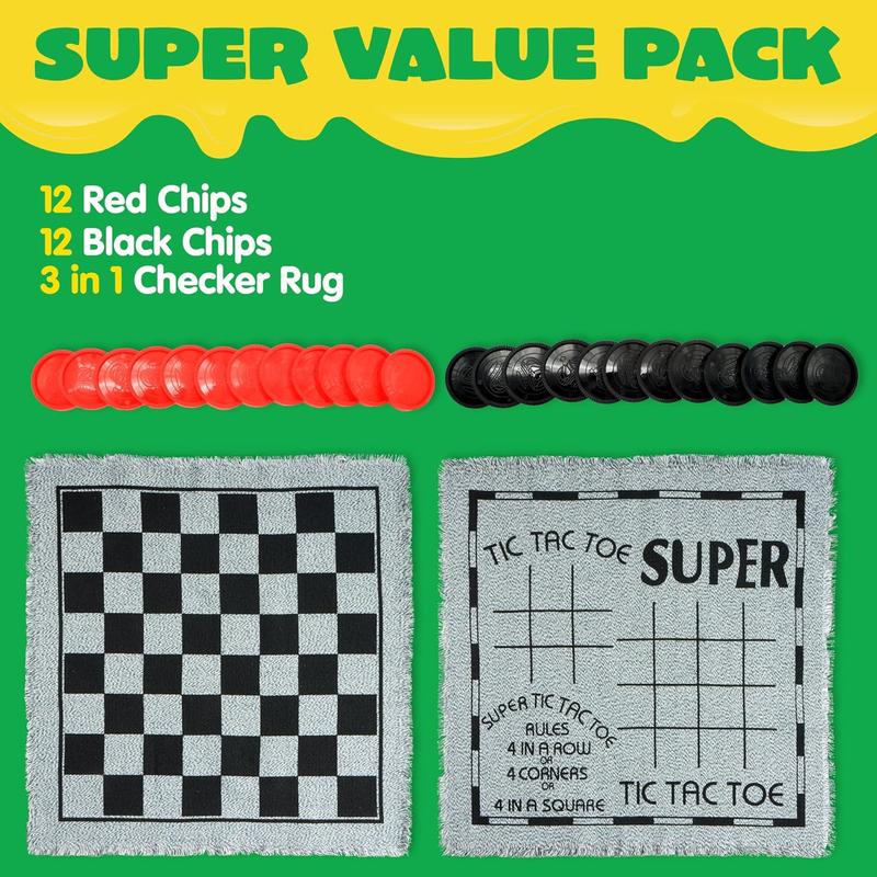  3-in-1 Vintage Giant Checkers and Tic Tac Toe Game with Reversible Mat, 24 Chips, Family Board Game, Lawn Game, BBQ Party Favor, Indoor and Outdoor Activity for Kids and Adults