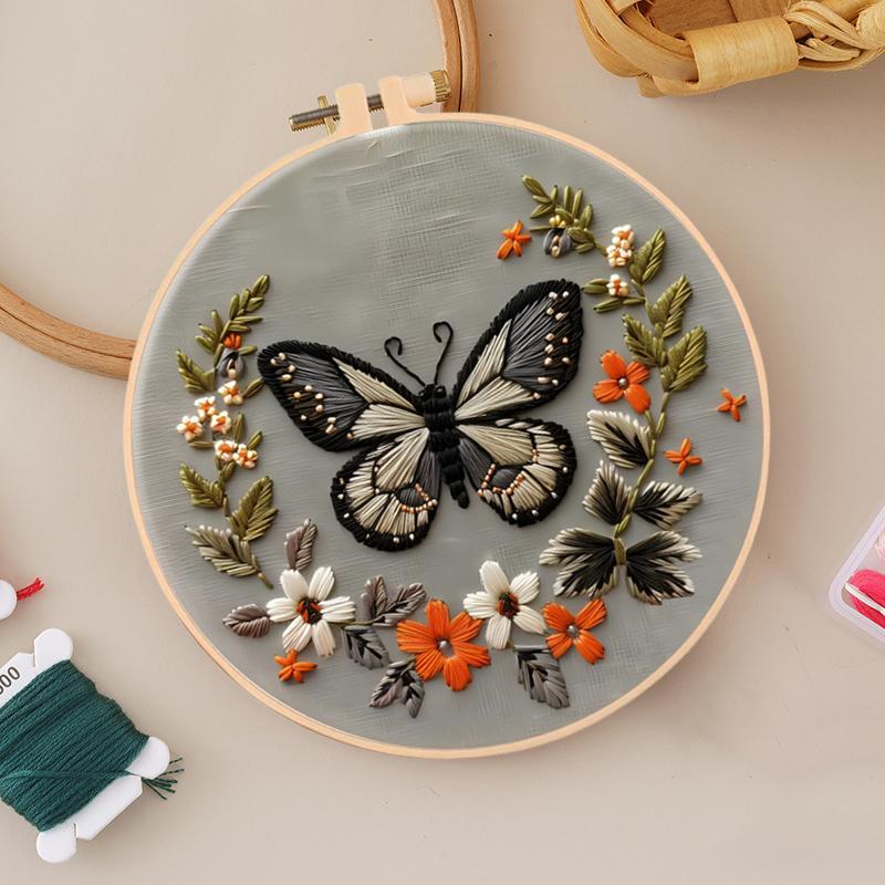 Butterfly Pattern DIY Embroidery Kit, 1 Set Embroidery with Hoop Suture Practice Kit for Adults, Handmade Unfinished Products Gifts