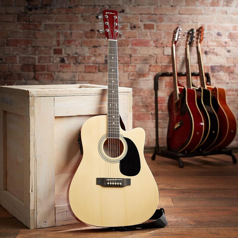 Full Size Thinline Acoustic Electric Guitar with Free Gig Bag Case & Picks Right Handed- Natural, Blue, Red, Black - SUNSET INSTRUMENTS