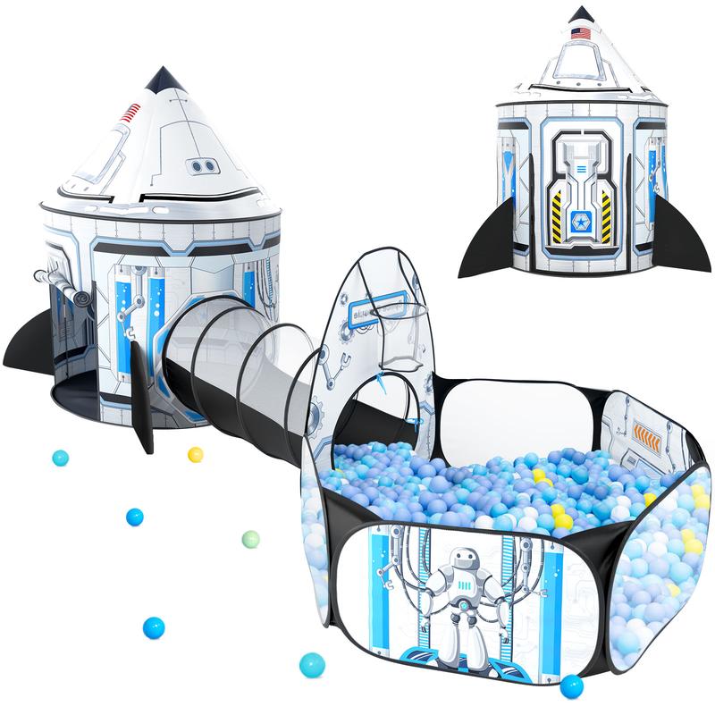 3PC White Rocket Play Tent Set: Includes Ball Pit, Crawl Tunnel, Space World Playhouse - Indoor & Outdoor Fun indoor tent pit tunnel