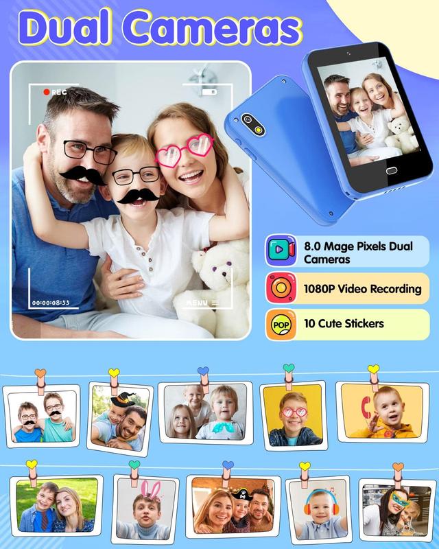 Kids Phone Toys for 3 4 5 6 Year Old Boys Touchscreen Kids Smart Phone with Dual Cameras Music Games Flashlight Alarm Pedometer Stories Sight Words Learning Toys for 3-6 Year Old Boys with 8G SD Card