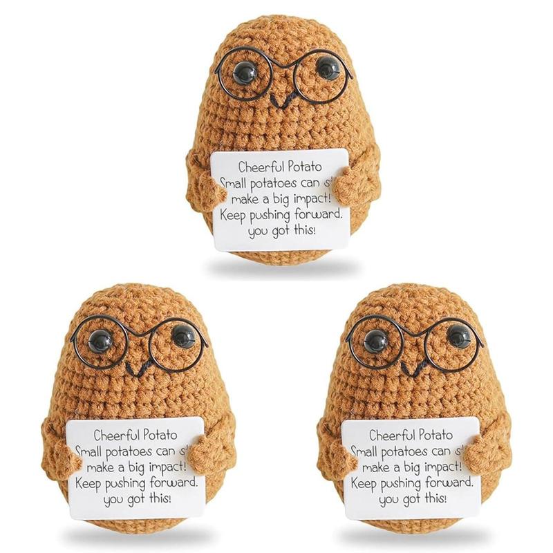 Funny Mini Positive Potato Crochet Kit, 3 Counts set Cute Crochet Emotional Support Plush Doll with Positive Card Decoration, Encouragement Gifts for Adults