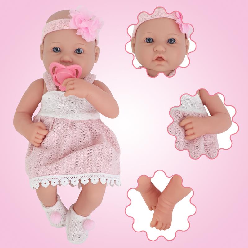 14 Inch Baby Doll Clothes Accessories Set, Reborn Soft Body Baby Doll Set with Cap, Socks, Bottles, Toy Rattles, Pacifiers