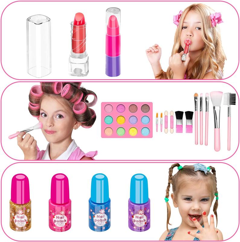 Hollyhi 58 Pcs Kids Makeup Kit for Girl, Princess Toys Real Washable Cosmetic Set with Mirror, Kids Makeup Sets for Girls, Play Make Up Birthday Gifts for 3 4 5 6 7 8 9 10 11 12 Years Old Kid (Pink)