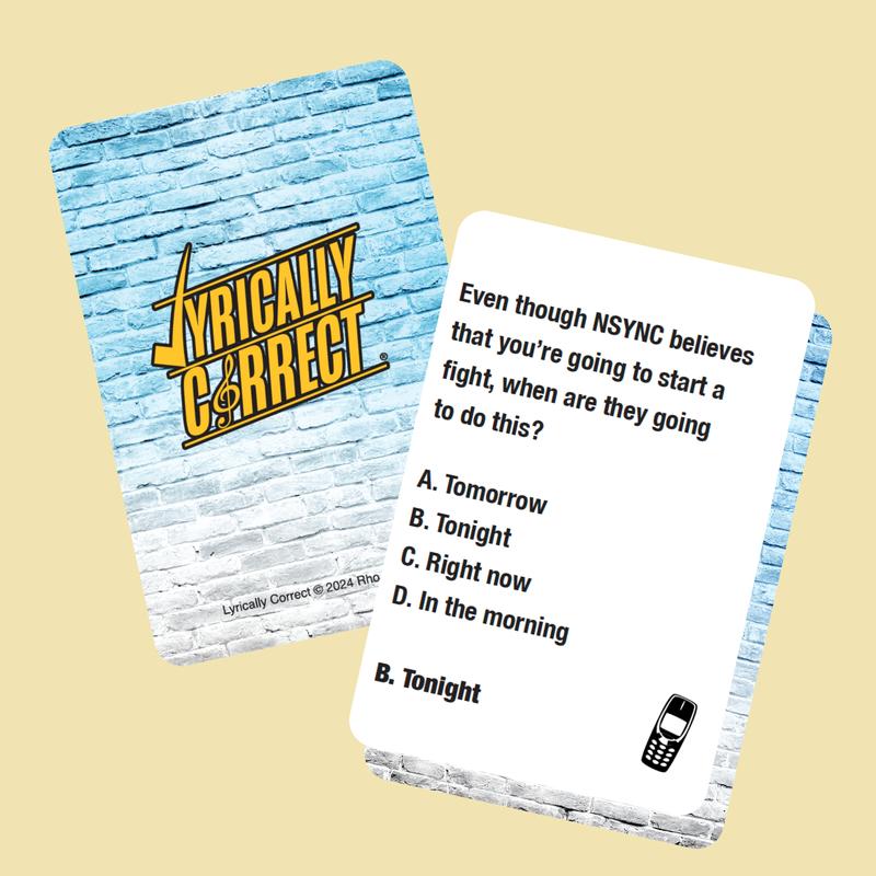 Pop Quiz: Music Trivia 90's and 2000's Pop Edition. Lyrically Correct leads to loads of fun, singing, dancing, and lots of nostalgia. This Game is a Party in a box, card game and family game.