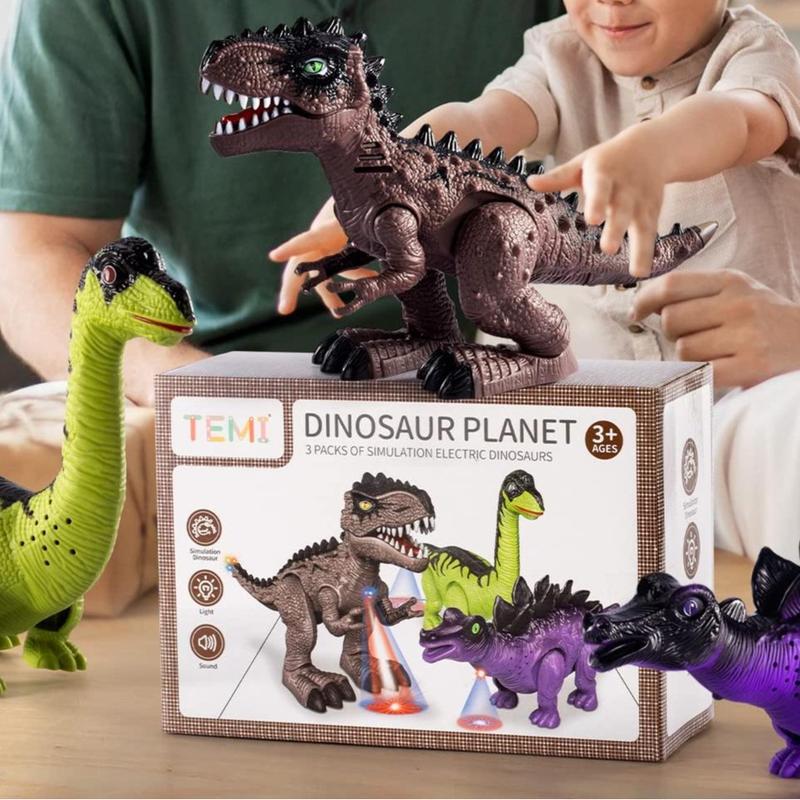 3-Pack Electric Walking Dinosaur Toys with Roaring Sounds and Lights, Realistic Robot T-Rex, Brachiosaurus, Stegosaurus Dinosaur Figures