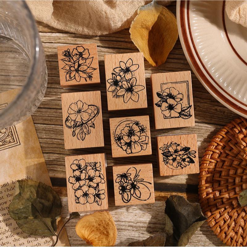 Flower Pattern Wooden Stamp (8 Counts box), Vintage Flower Design Stamp, DIY Scrapbooking Decoration Supplies for Gift Wrapping