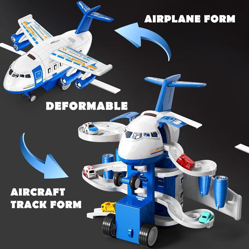 Blue Transport Cargo Airplane Toys, Airplane Car Toy Play Set includes Track, 12mini Play Vehicles, with Music and Light, Christmas gifts, birthday gifts